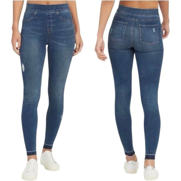 SPANX XS Distressed Ankle Skinny Jeans Medium Wash Raw Hem High Rise Pull On - Picture 1 of 12